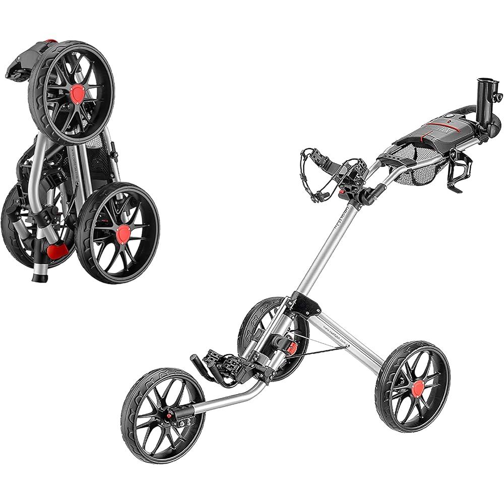 CaddyTek CaddyLite 15.3 V2 push cart, folded and unfolded