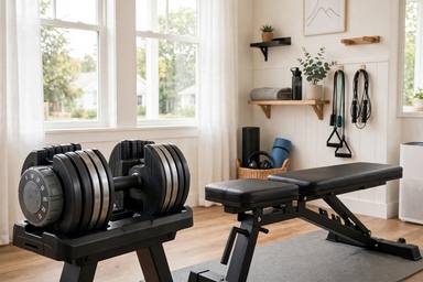 Adjustable dumbbells in a home gym
