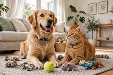 Dog and cat with pet toys
