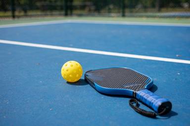 Pickleball paddle and ball on a court